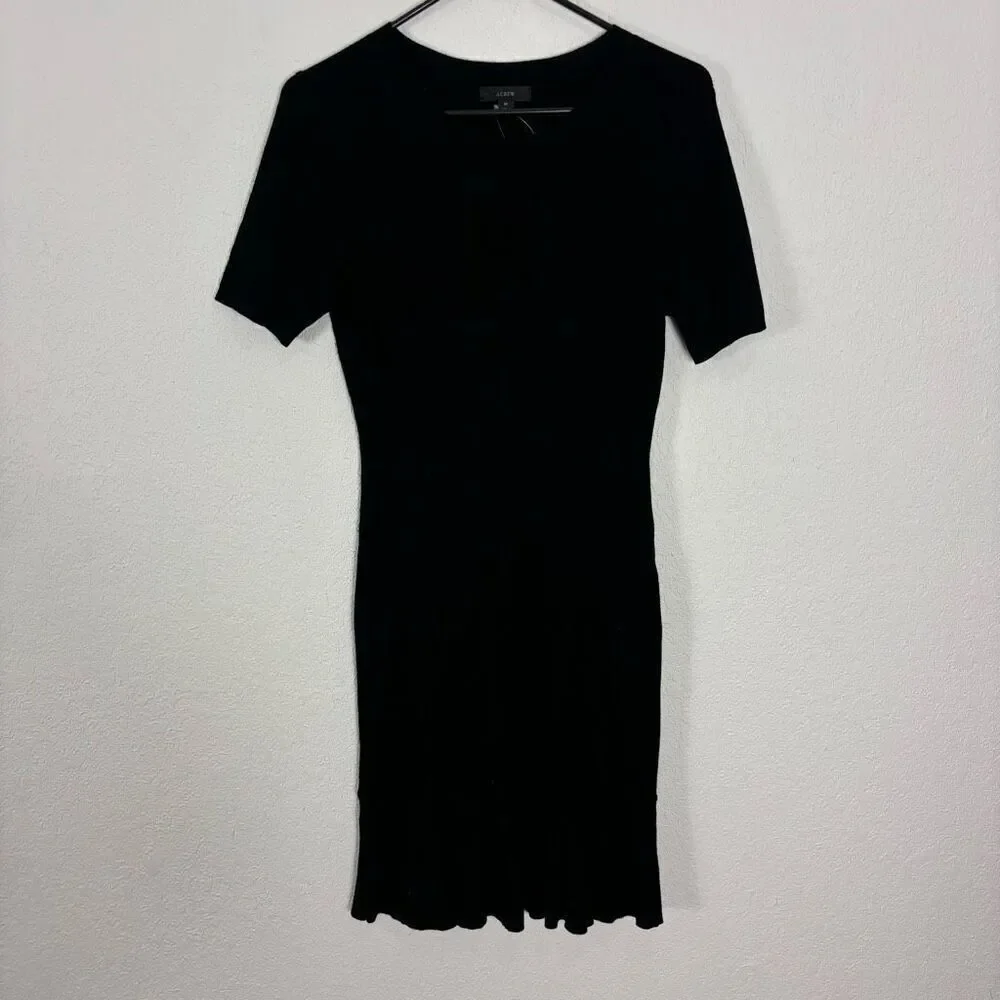 NWT J.‎ Crew Black Ribbed Knit Short Sleeve Ruffle Hem Knee Length Dress Size M